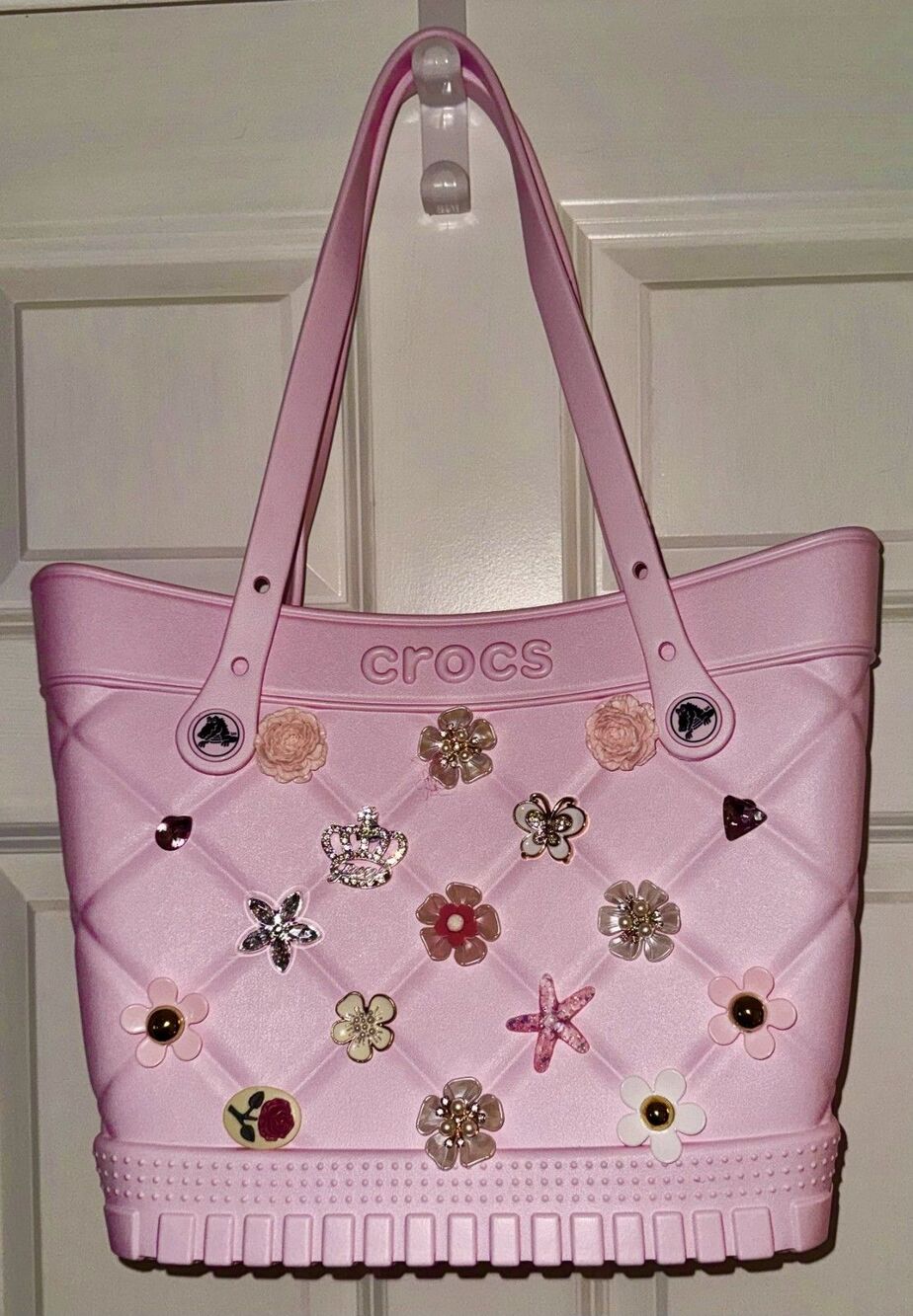 Bling Embellished Crocs Quilted Medium (Bogg Bag)Tote Powder Pink
